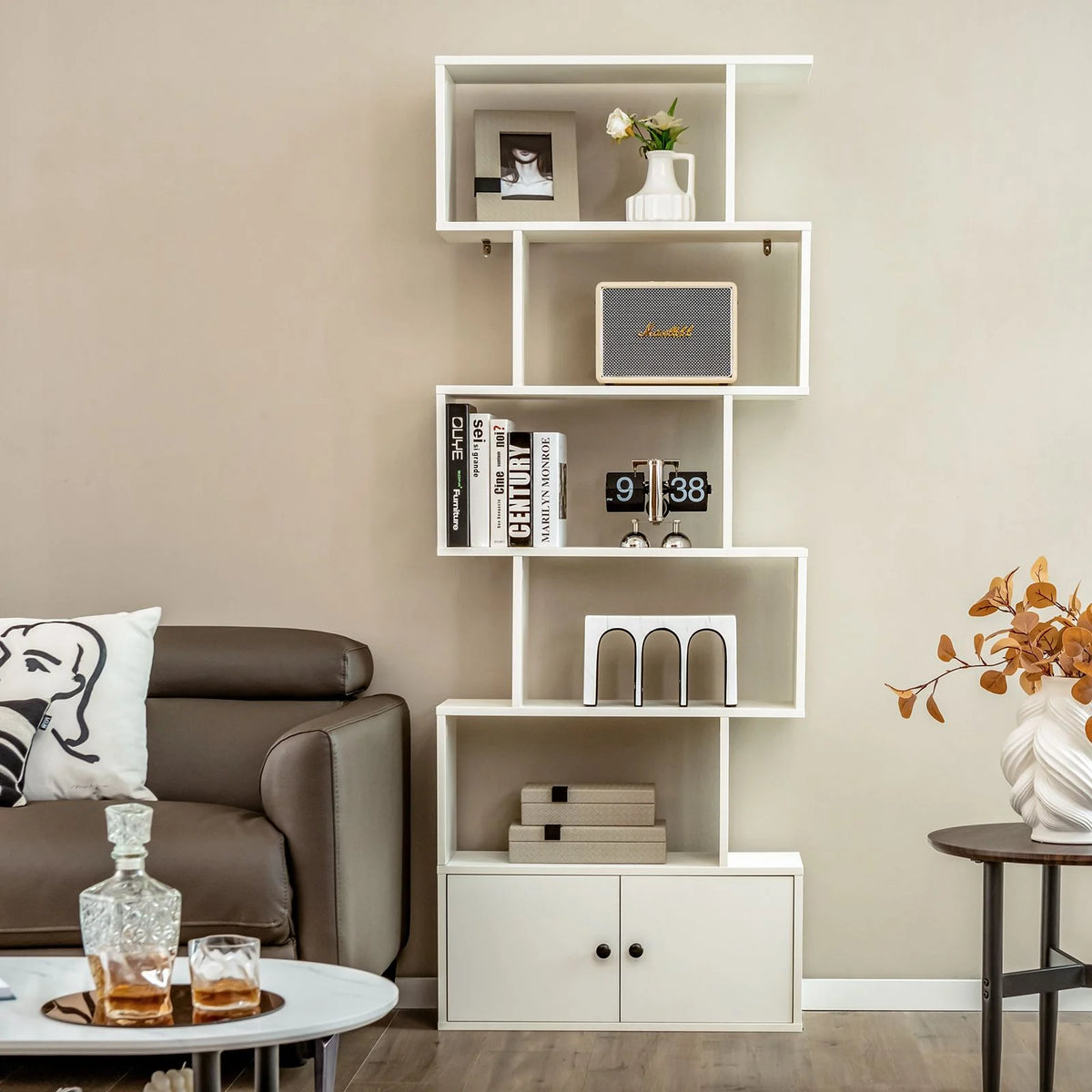 Industrial S-Shaped 5-Tier Bookcase with Cabinet