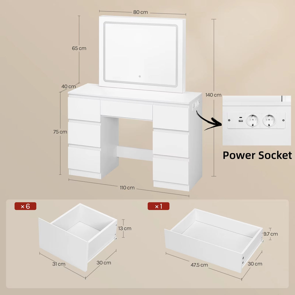 SEDOL Dressing Table with Large LED Mirror and 7 Drawers Modern Vanity Desk with Built-in Charging Station USB Ports Makeup Table for Bedroom White Finish