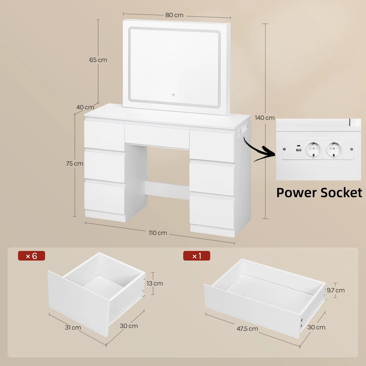 SEDOL Dressing Table with Large LED Mirror and 7 Drawers Modern Vanity Desk with Built-in Charging Station USB Ports Makeup Table for Bedroom White Finish