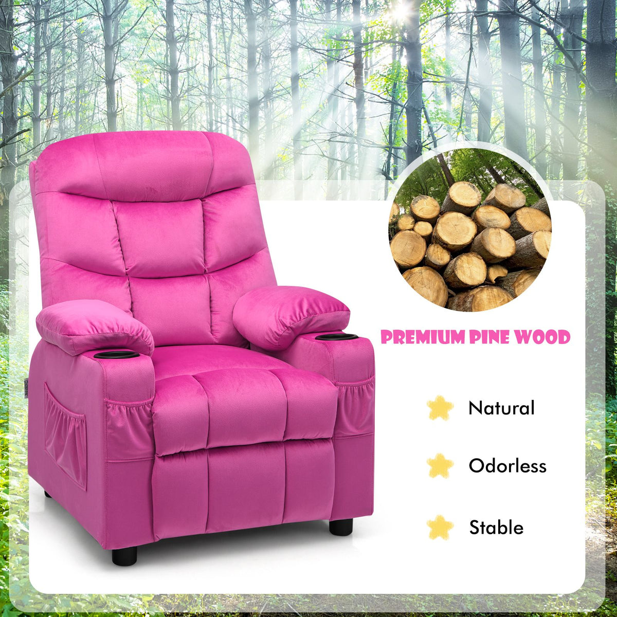 SEDOL Deluxe Larger Kids Recliner Armchair with Dual Cup Holders and Storage Pockets Premium Velvet Children’s Lounge Chair with 130° Adjustable Backrest & Pine Wood Frame
