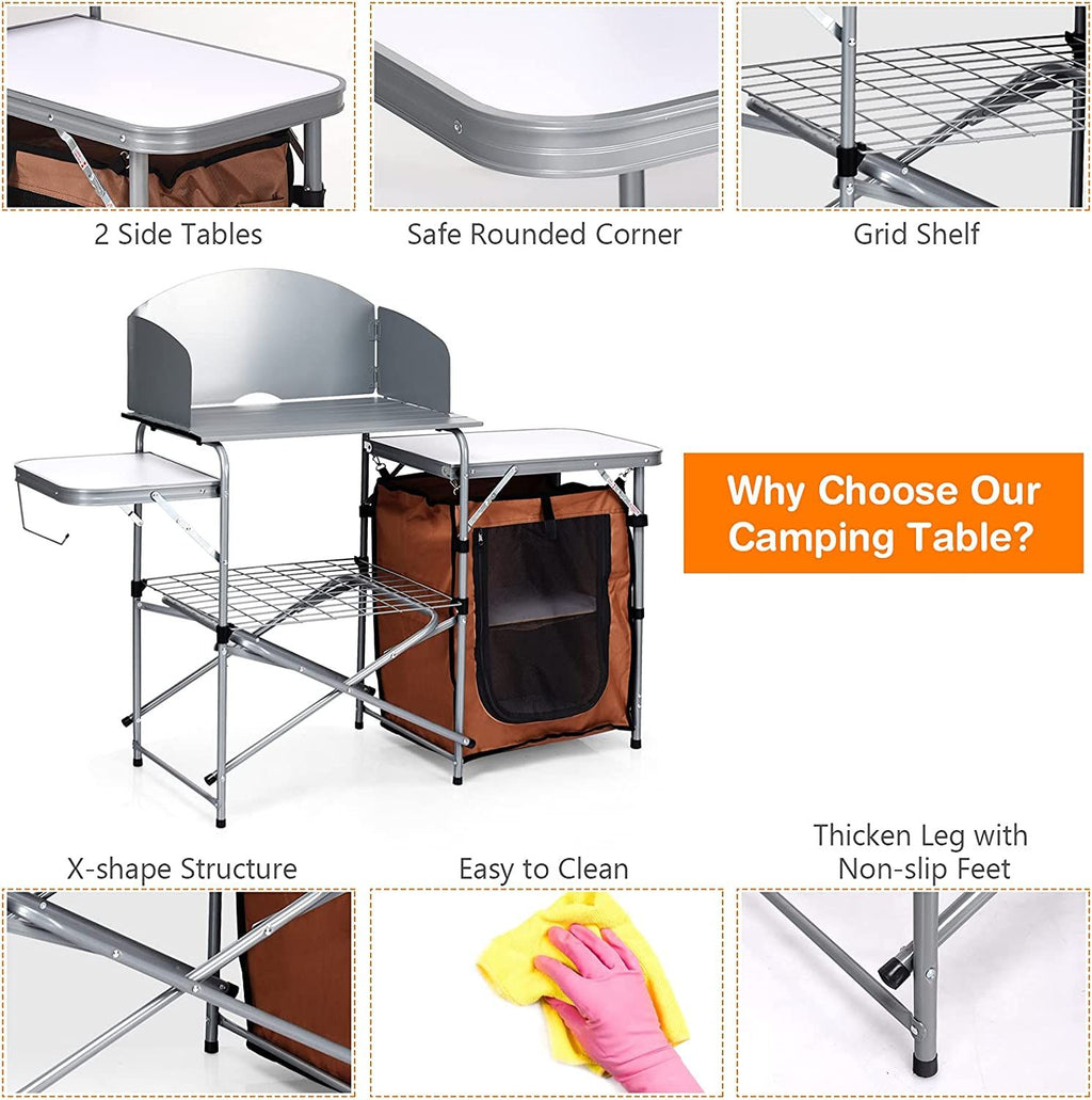 Camping Kitchen Table with Storage & Windscreen – Folding BBQ & Prep Station