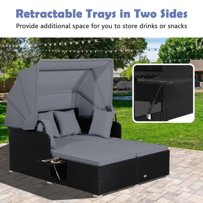 Rattan Daybed with Retractable Canopy, Cushions & Side Trays