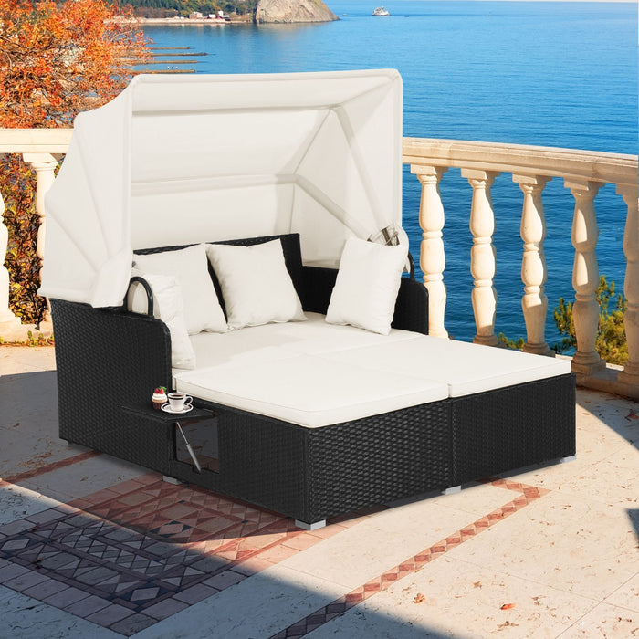 Rattan Daybed with Retractable Canopy, Cushions & Side Trays