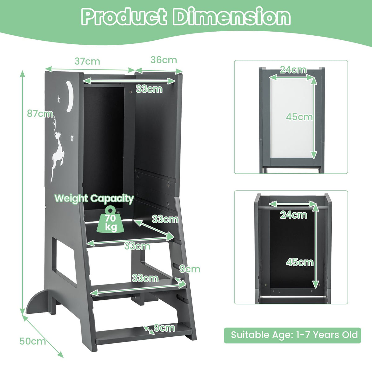 SEDOL 3-in-1 Montessori Learning Tower with Double-Sided Chalkboard & Whiteboard – Height-Adjustable Kitchen Helper Stool with Safety Rails and Anti-Tip Base