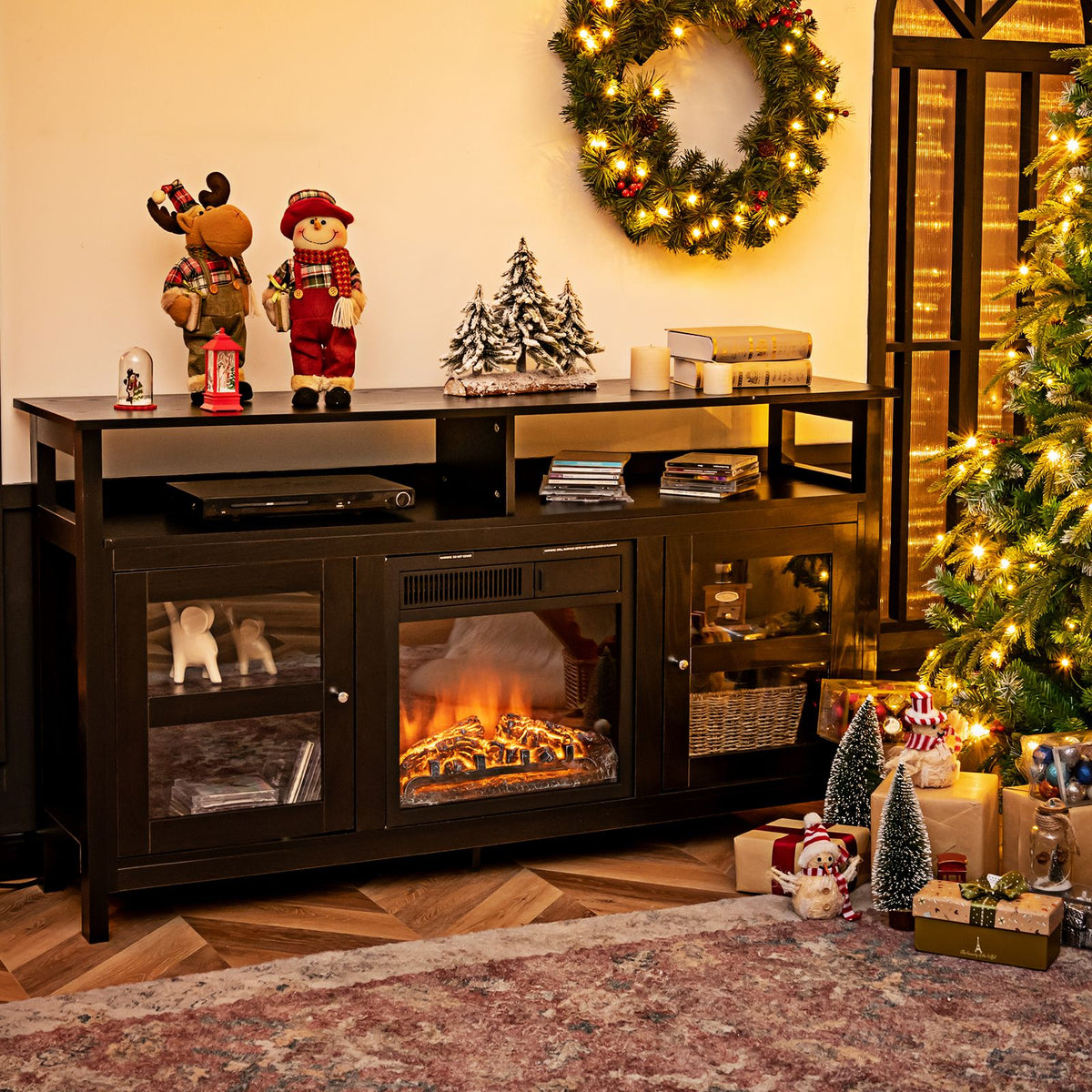 Living Room Console Table for Tvs with Wooden Fireplace and 2 Cabinets