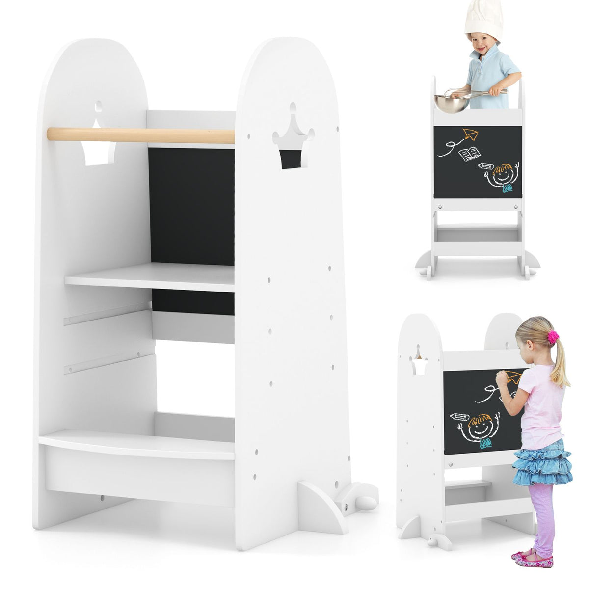 SEDOL 3-in-1 Montessori Learning Tower & Double-Sided Art Easel 3-Level Adjustable Kitchen Helper Stool with A-Frame Anti-Tip Safety Rail and Pine Wood Guards – 90kg Capacity