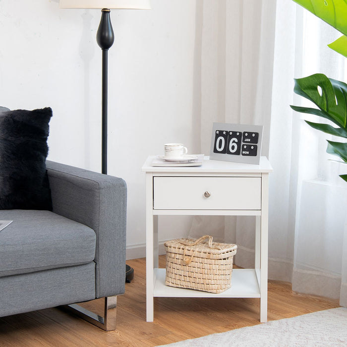 2 Pieces Wooden Nightstand with Drawer and Storage Shelf