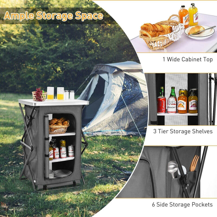 3-Tier Folding Camping Storage Cabinet with Side Pockets and Carry Bag