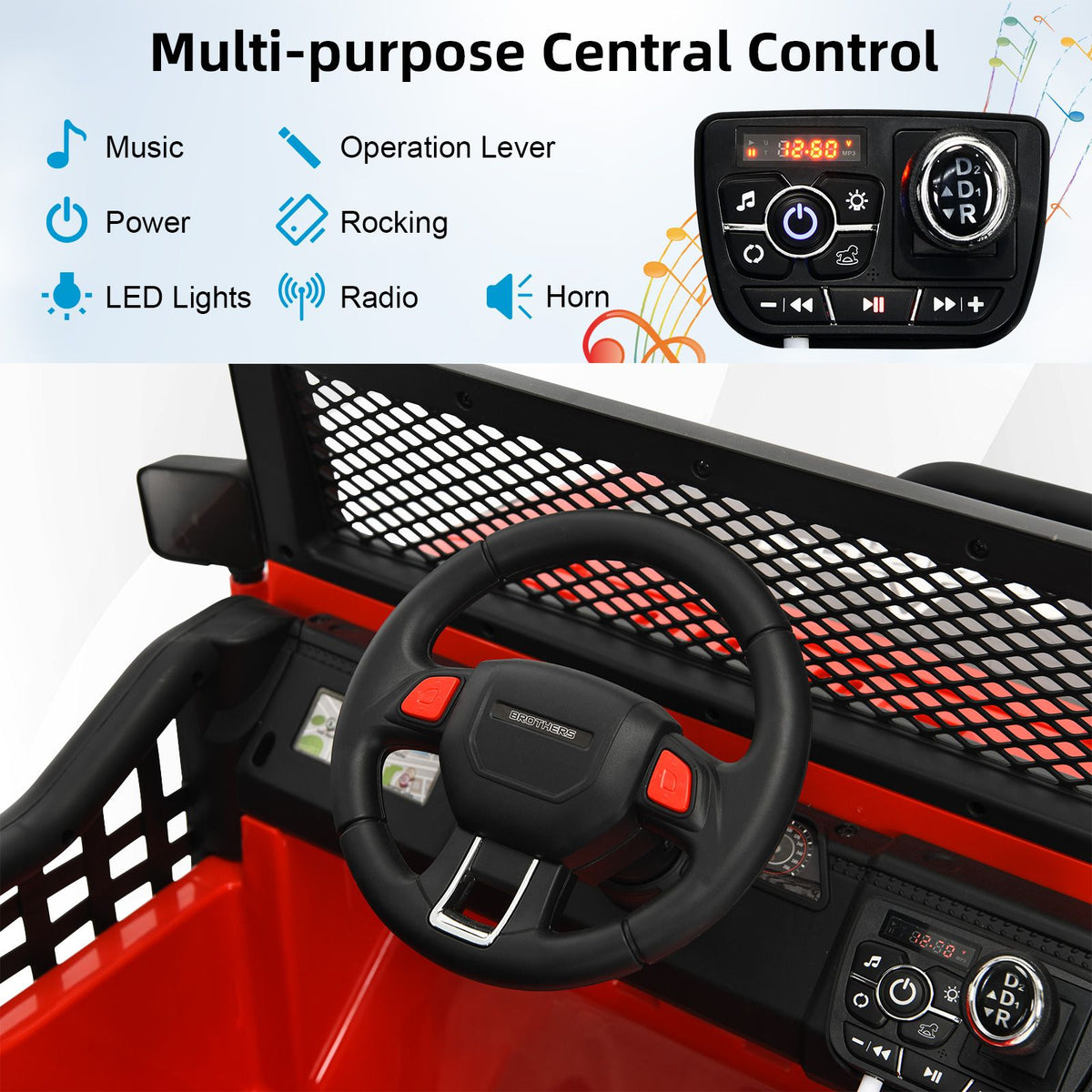 SEDOL 2-Seater Kids Ride-On Truck 12V Battery Powered Electric Car with Parental Remote Control Spring Suspension Rocking Mode and Bluetooth/USB Audio – 50kg Capacity