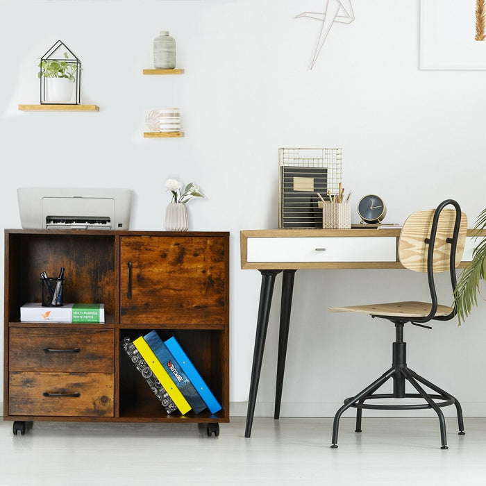 Home Office Mobile File Cabinet with 2 Drawers 2 Open Shelves and Door