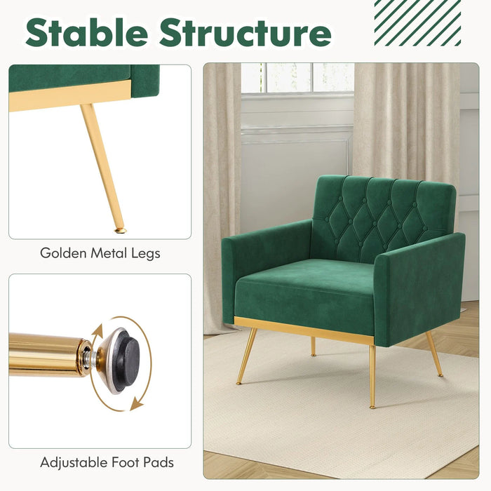 Modern Velvet Accent Chair with Button Tufted Back and Golden Metal Legs