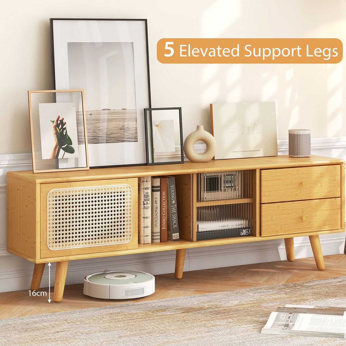 Bamboo TV Stand Modern Console Table for TV up to 65 Inch
