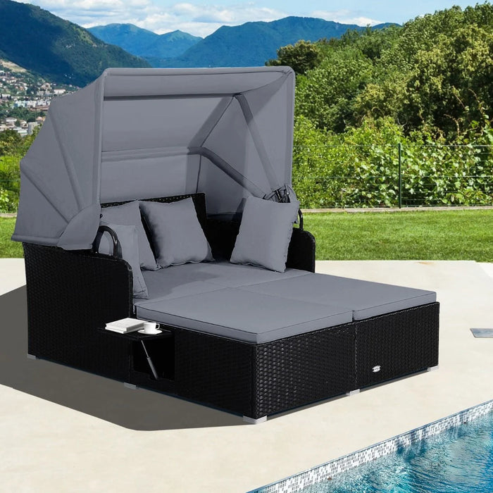 Rattan Daybed with Retractable Canopy, Cushions & Side Trays