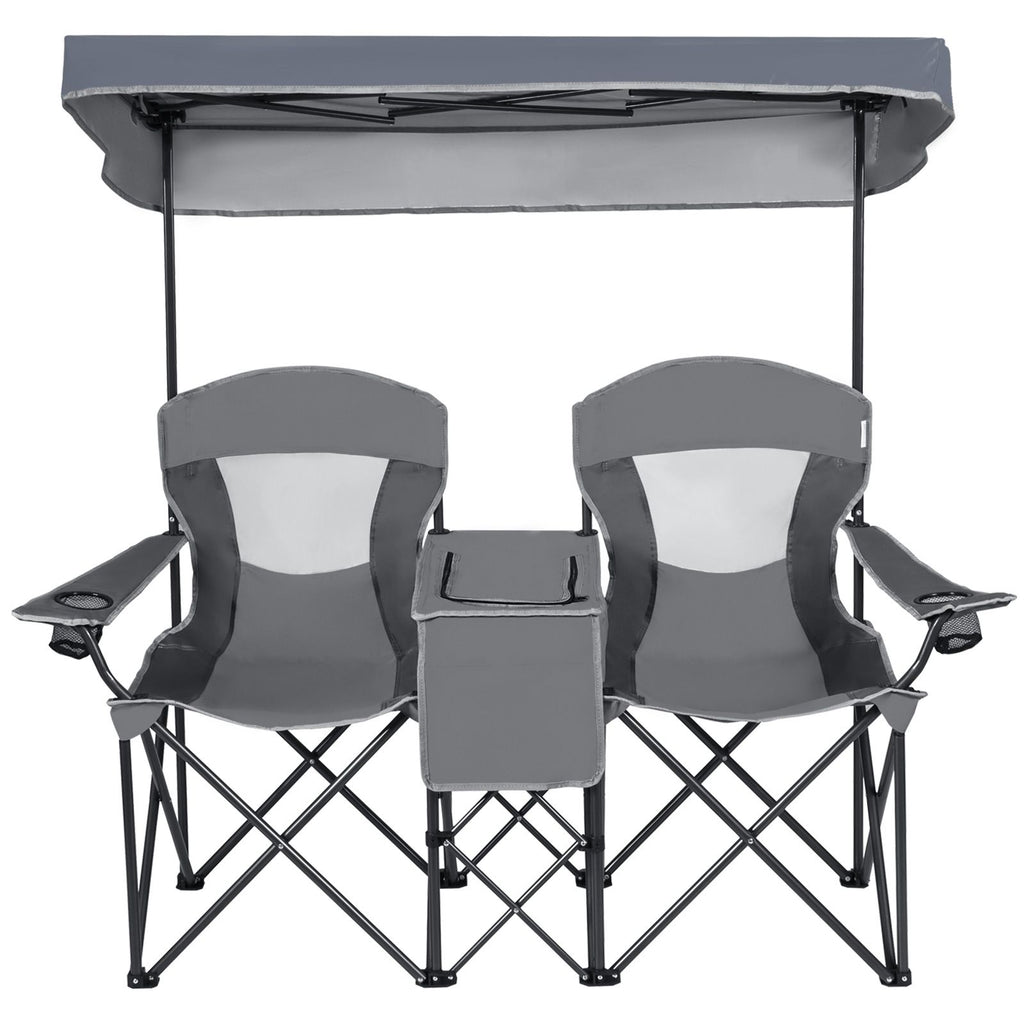 Double Folding Camping Chair with Canopy and Armrests