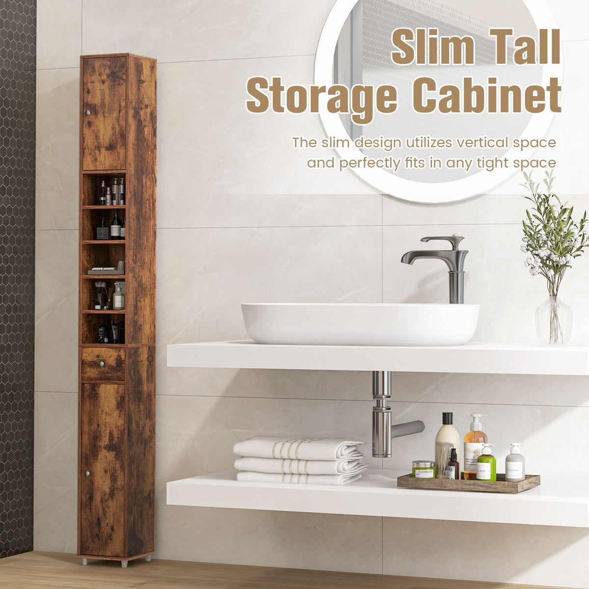 180CM Tall Freestanding Bathroom Cabinet with 2 Doors and 1 Drawer