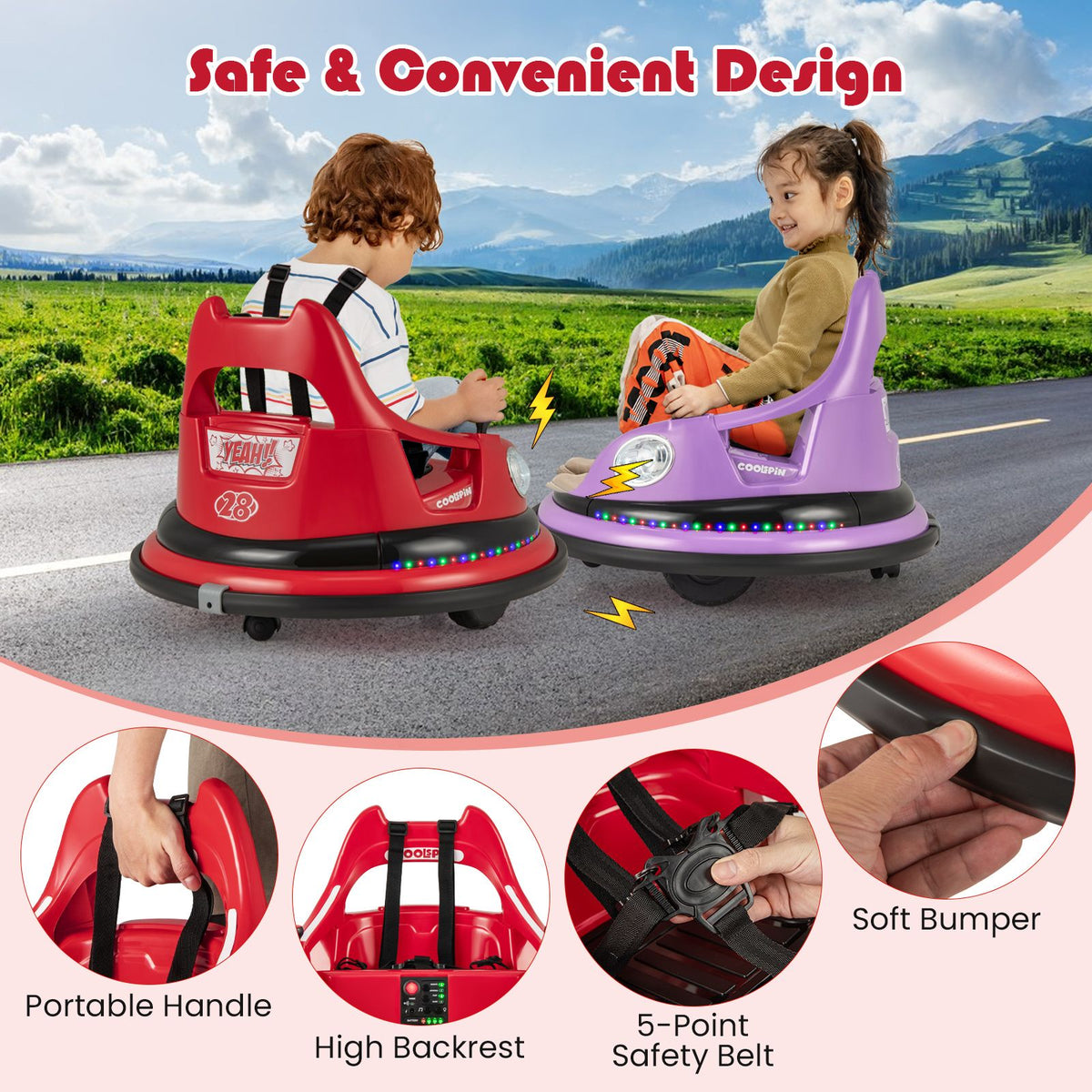 SEDOL 12V High-Performance Kids Bumper Car with 5-Point Safety Harness 360° Zero-Turn Dual Joysticks and 5-Mode LED Light Show – 12V Powered for Ages 3+