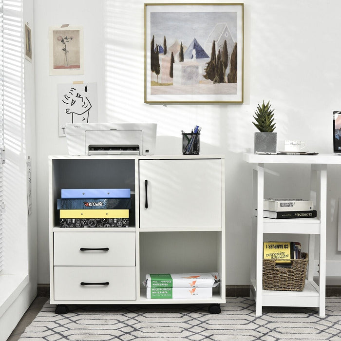 Home Office Mobile File Cabinet with 2 Drawers 2 Open Shelves and Door