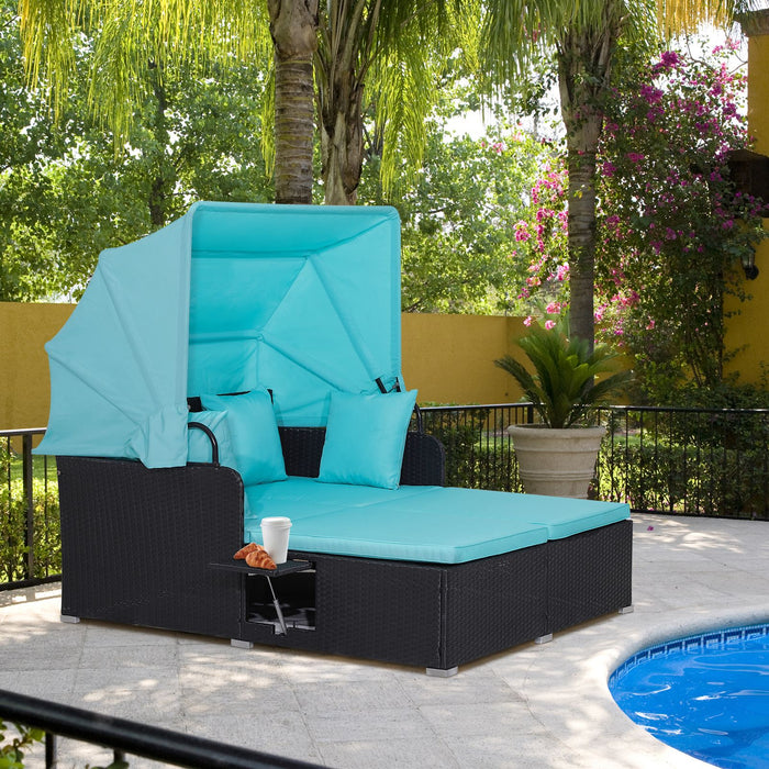Rattan Daybed with Retractable Canopy, Cushions & Side Trays