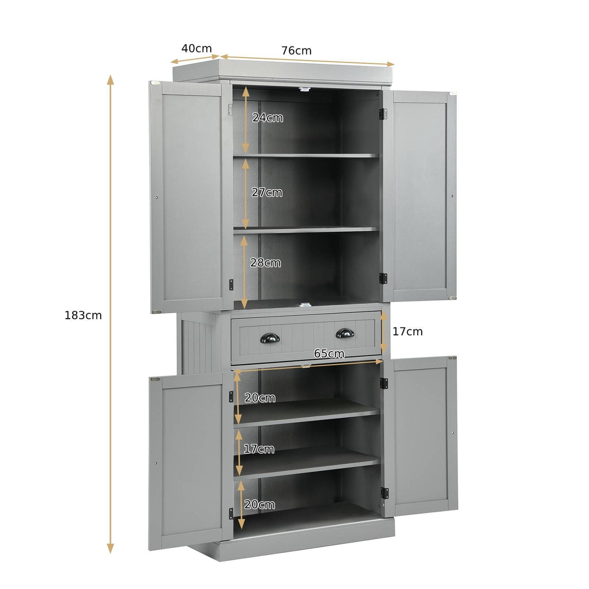 4-Door Tall Kitchen Cupboard Adjustable Shelves and Drawer