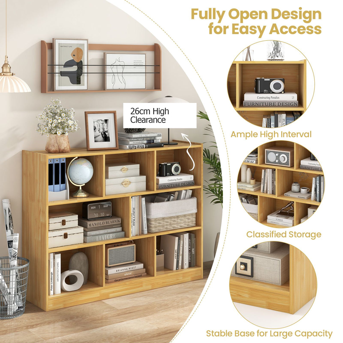 3-Tier Wooden Cube Bookcase with 8 Compartments