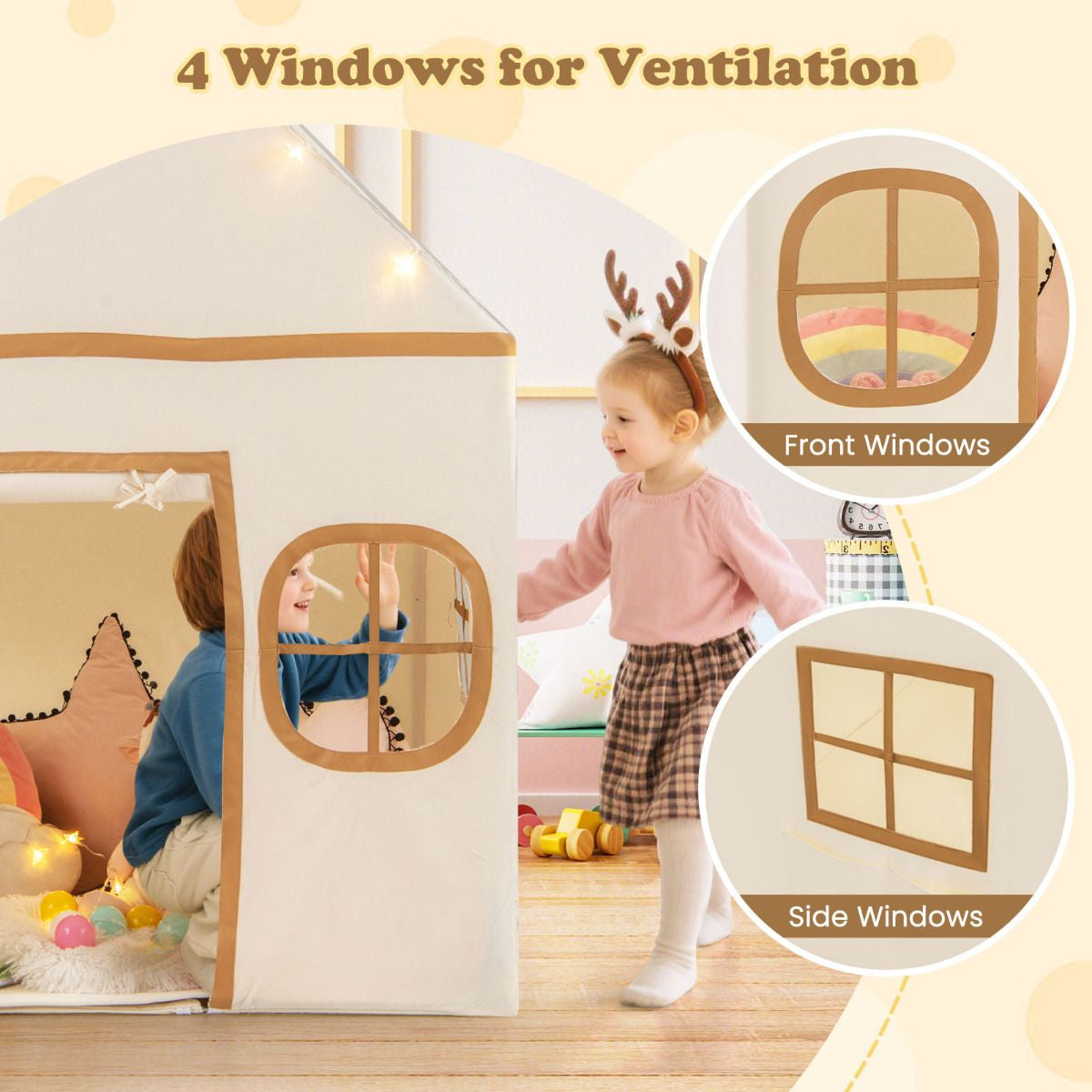 SEDOL Large Indoor Kids Playhouse with Plush Coral Velvet Mat and LED Star Lights Breathable Cotton-Blend Play Tent with Storage Pockets for Reading and Napping