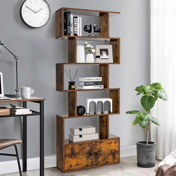 Industrial S-Shaped 5-Tier Bookcase with Cabinet