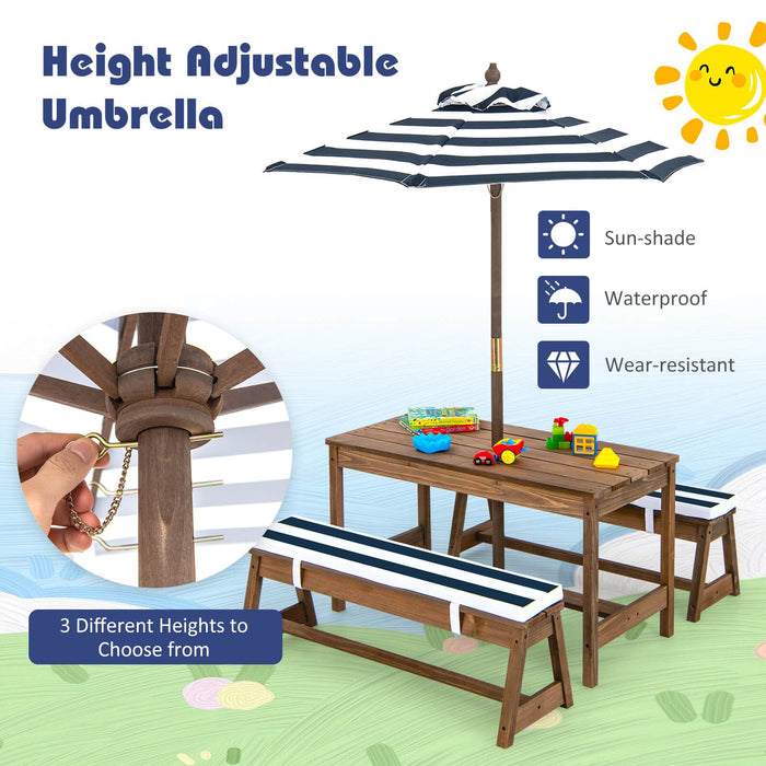 Kids Picnic Table with Cushions & Adjustable Umbrella – Fir Wood Play Table for 4