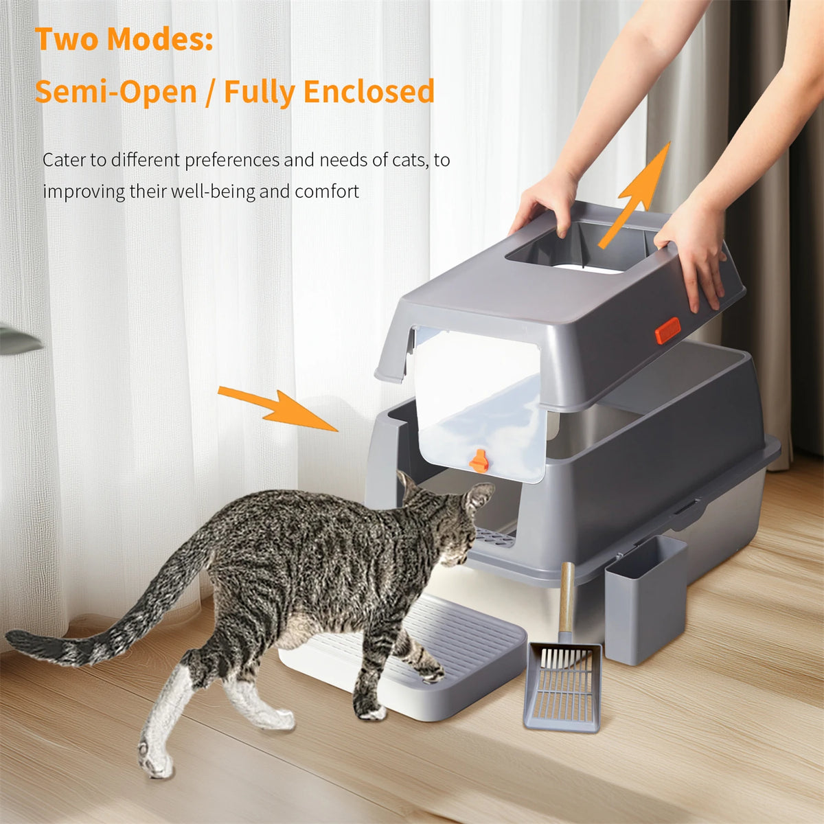 XL Stainless Steel Cat Litter Box – Enclosed Large Litter Tray with Lid, Front Entry & Top Exit Toilet Box