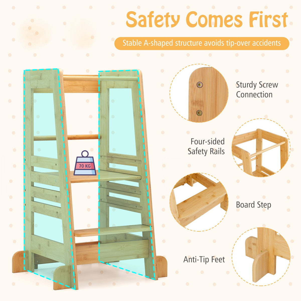 SEDOL Sustainable Bamboo Montessori Learning Tower for Toddlers 4-Level Adjustable Height Kitchen Helper Stool with A-Frame Anti-Tip Safety Rail – 70kg Capacity