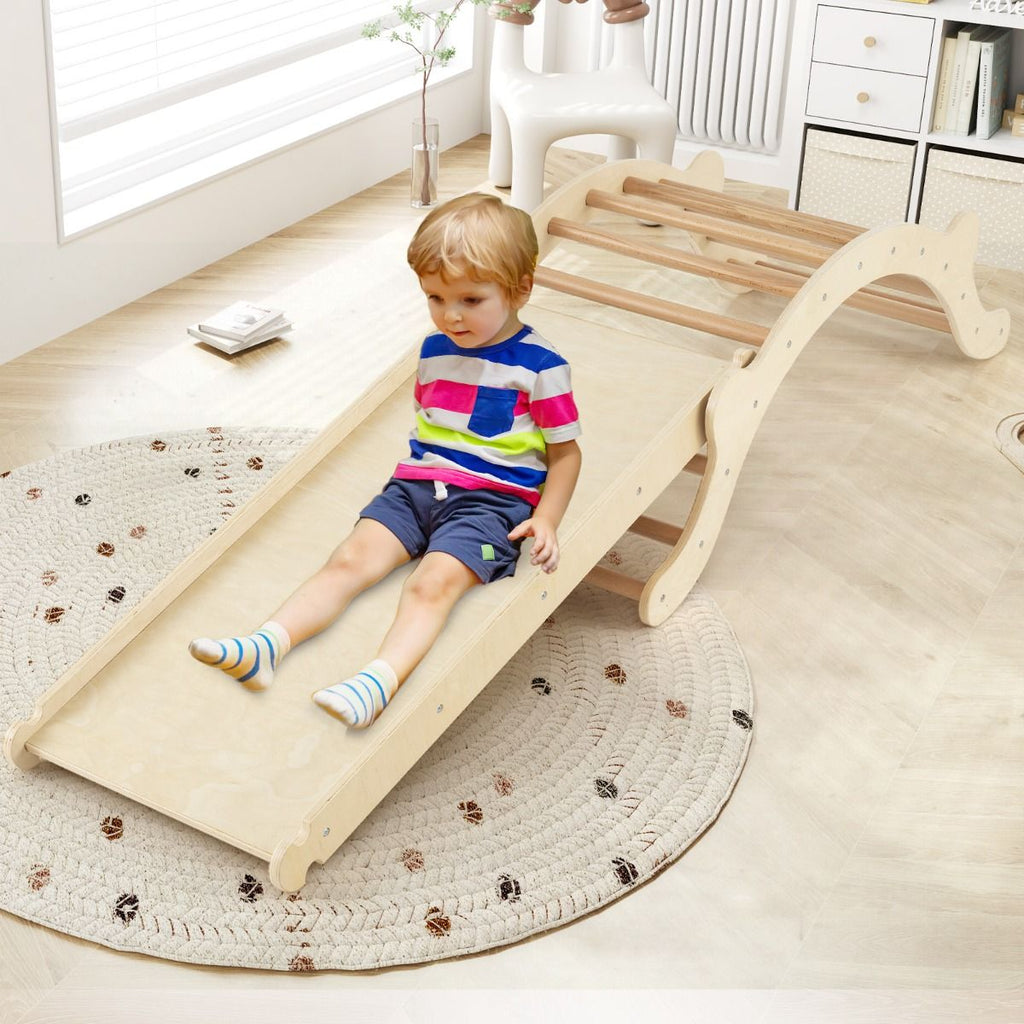 3-in-1 Wooden Climber Arch with Ramp & Rocker – Indoor Toddler Playset