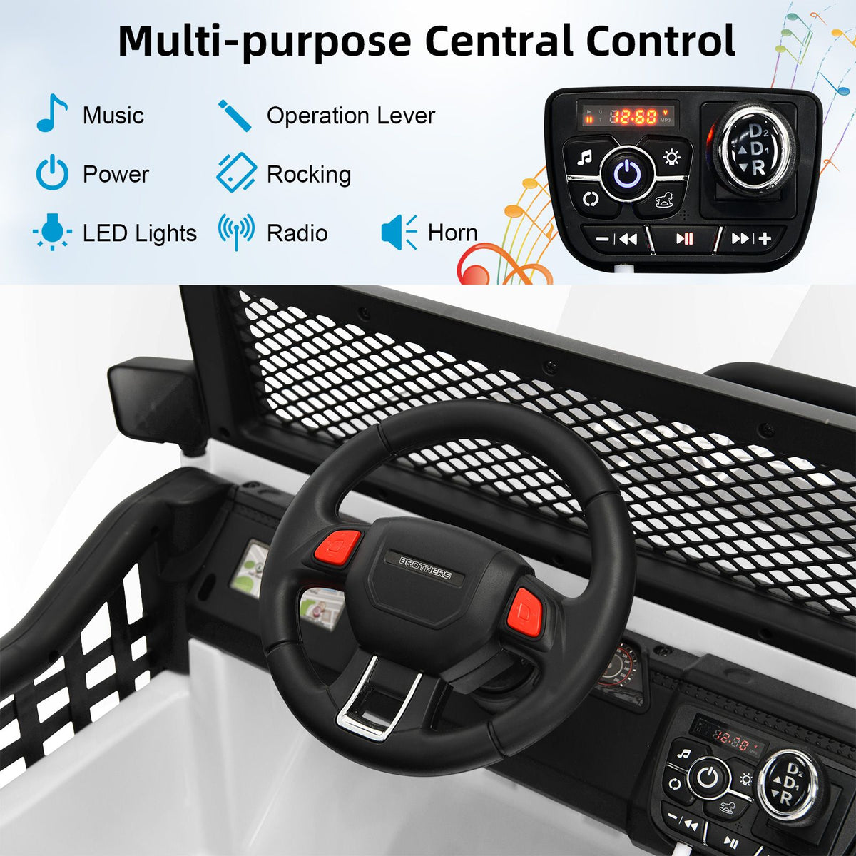 SEDOL 2-Seater Kids Ride-On Truck 12V Battery Powered Electric Car with Parental Remote Control Spring Suspension Rocking Mode and Bluetooth/USB Audio – 50kg Capacity