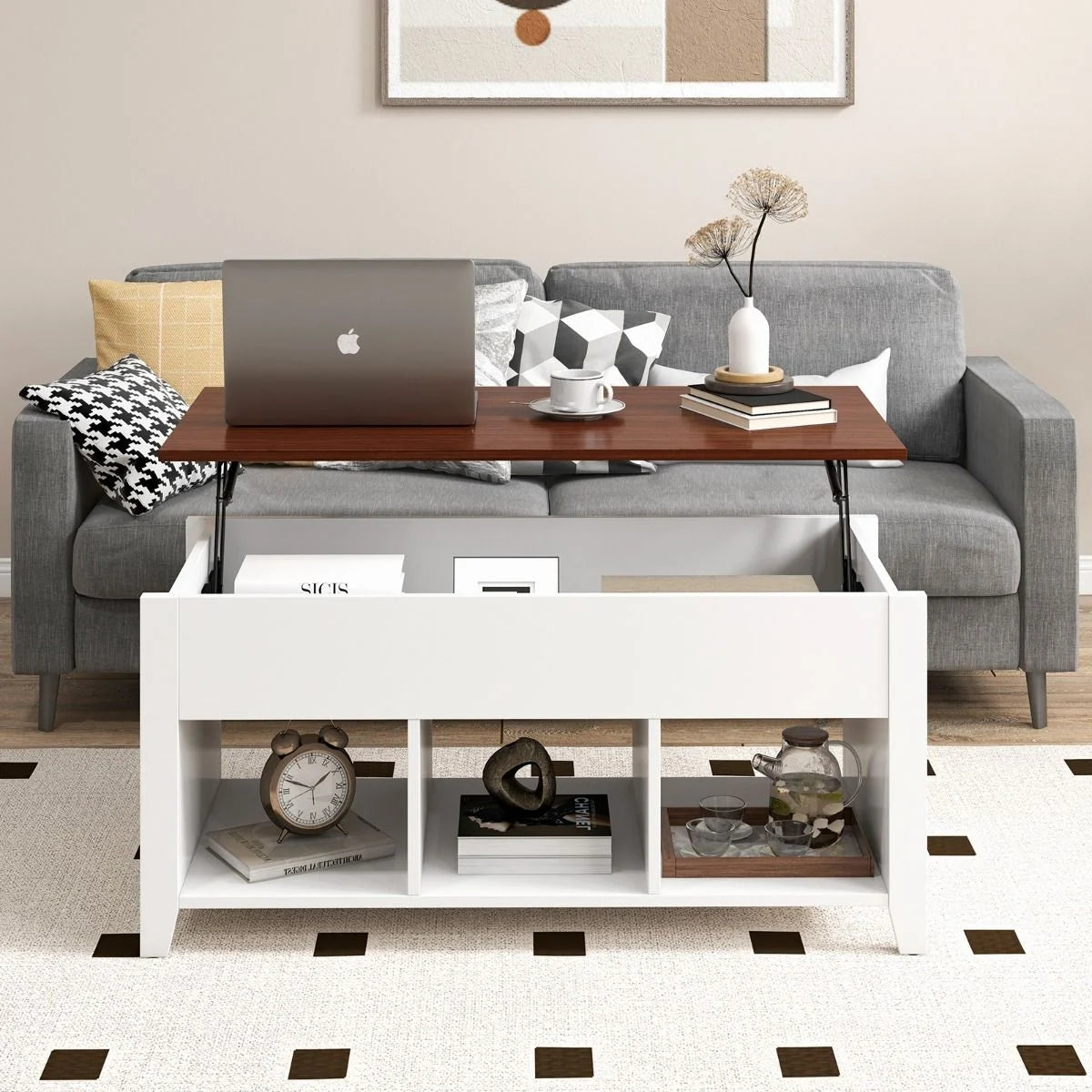 Rising Center Table with Lift Top Hidden Compartment