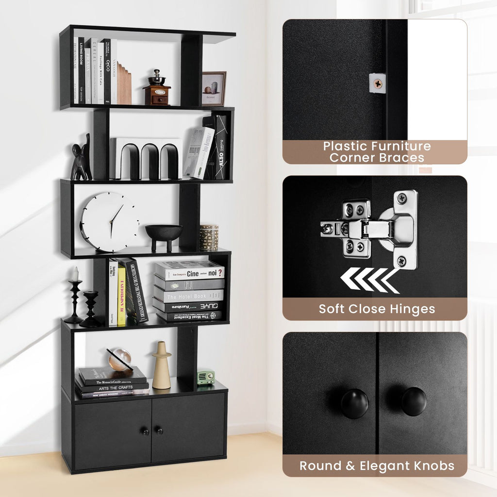 Industrial S-Shaped 5-Tier Bookcase with Cabinet