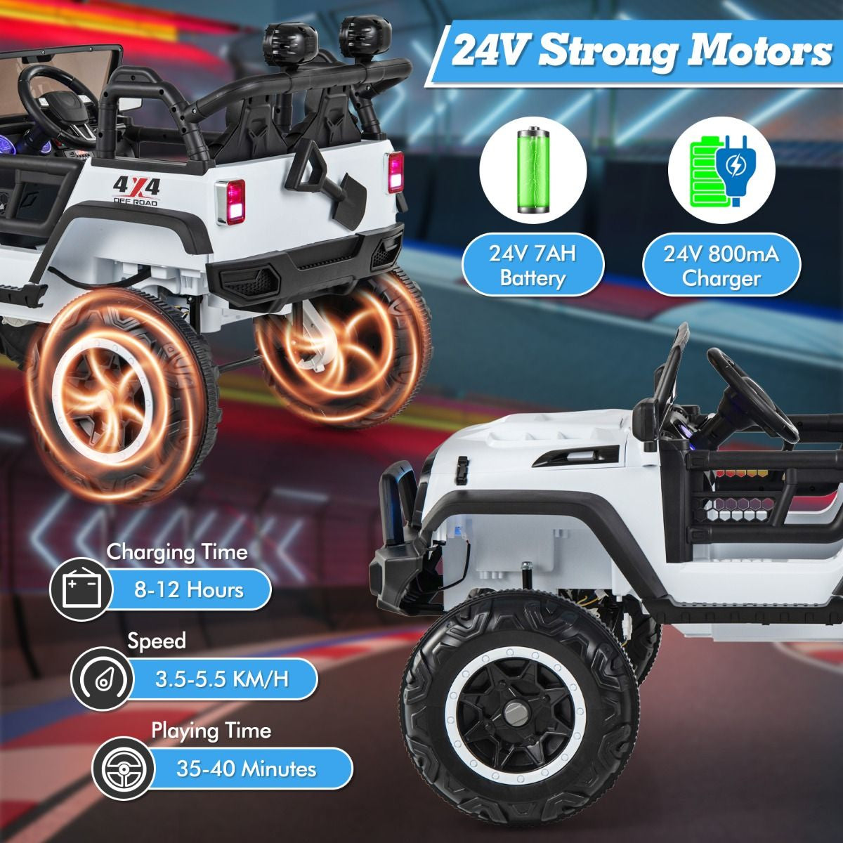 SEDOL 2-Seater 24V Kids Ride-On Truck with 4-Motor 4WD System Parental Remote Control 3-Point Safety Harness and Bonus Digging Shovel – 50kg Capacity