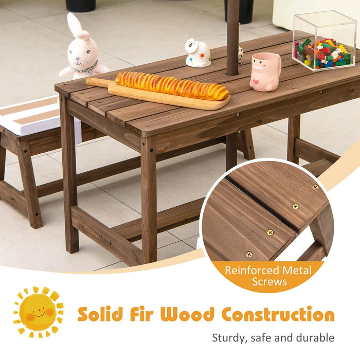 Kids Picnic Table with Cushions & Adjustable Umbrella – Fir Wood Play Table for 4