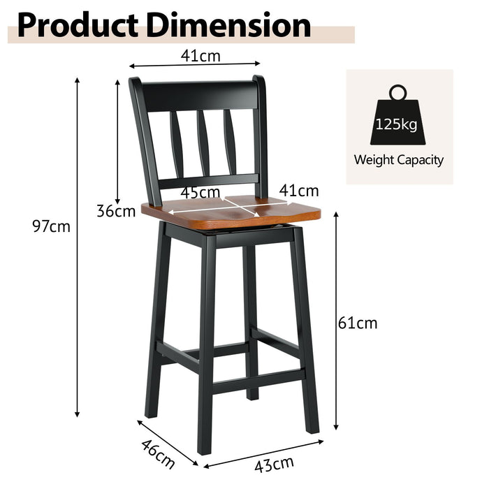 Set of 2 97Cm Swivel Rubber Wood Bar Stools with Backrest and Footrest
