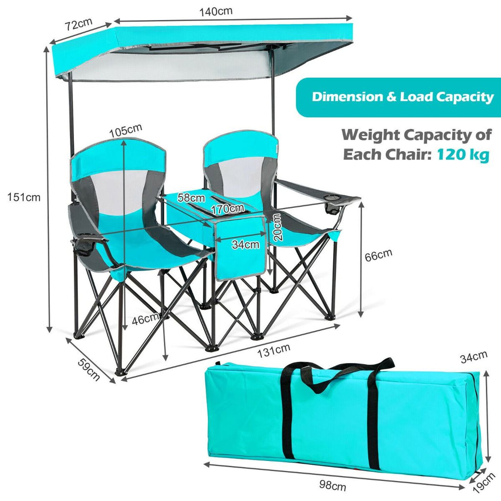 Double Folding Camping Chair with Canopy and Armrests