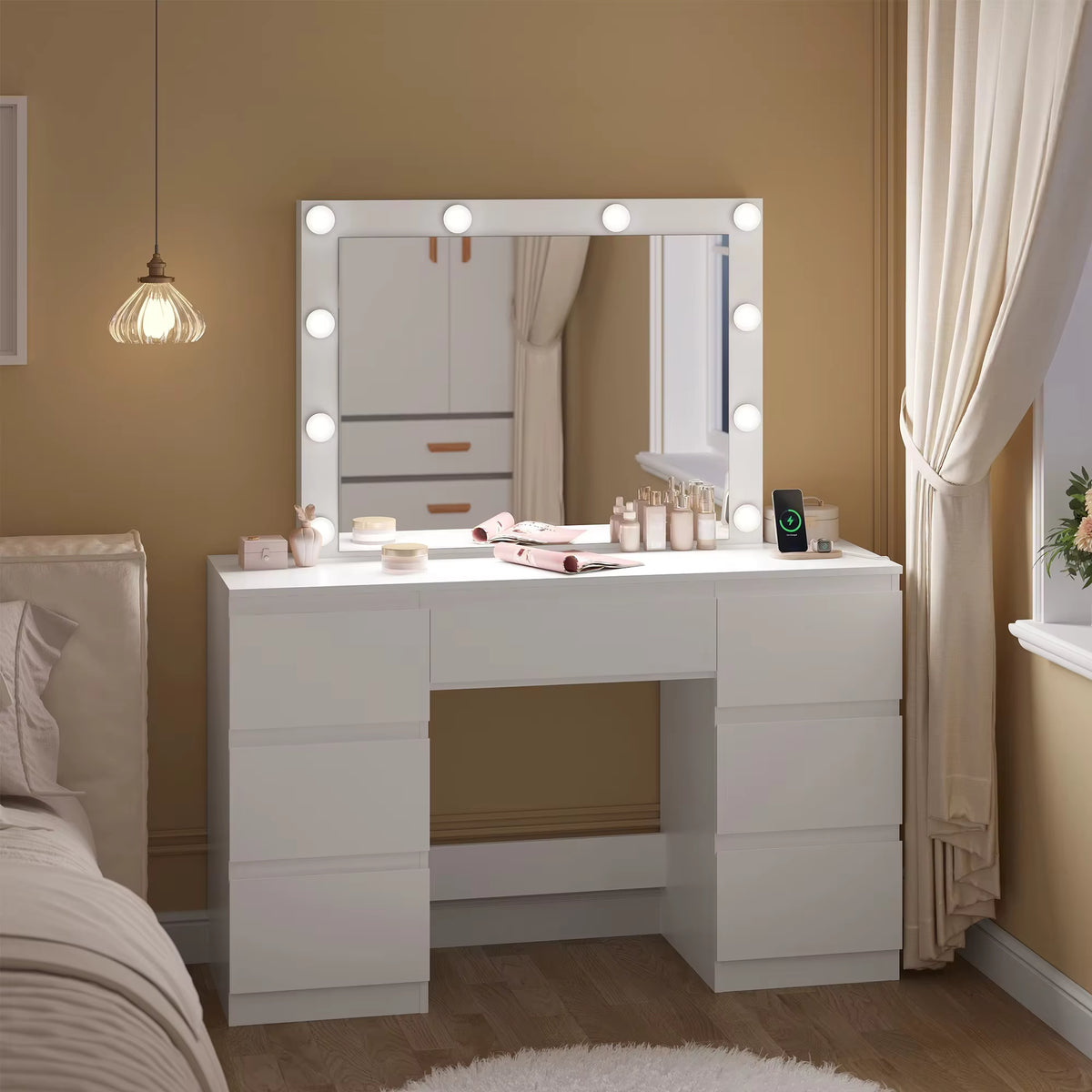 SEDOL Dressing Table with Large LED Mirror and 7 Drawers Modern Vanity Desk with Built-in Charging Station USB Ports Makeup Table for Bedroom White Finish