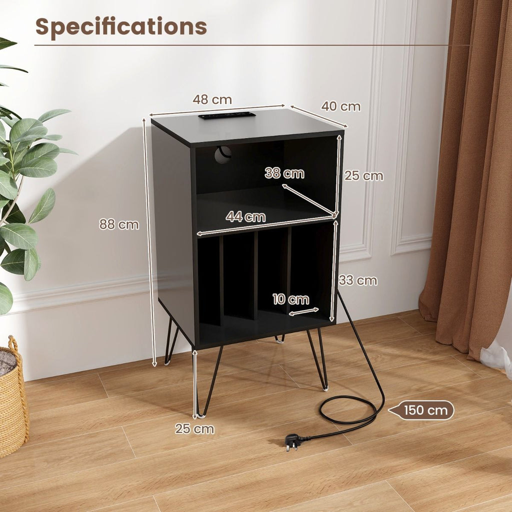 3-Tier Record Player Stand with Charging Station Shelf and 4 Dividers