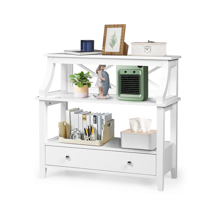 3-Tier X-Shaped Console Table with Drawer and Open Storage Shelves
