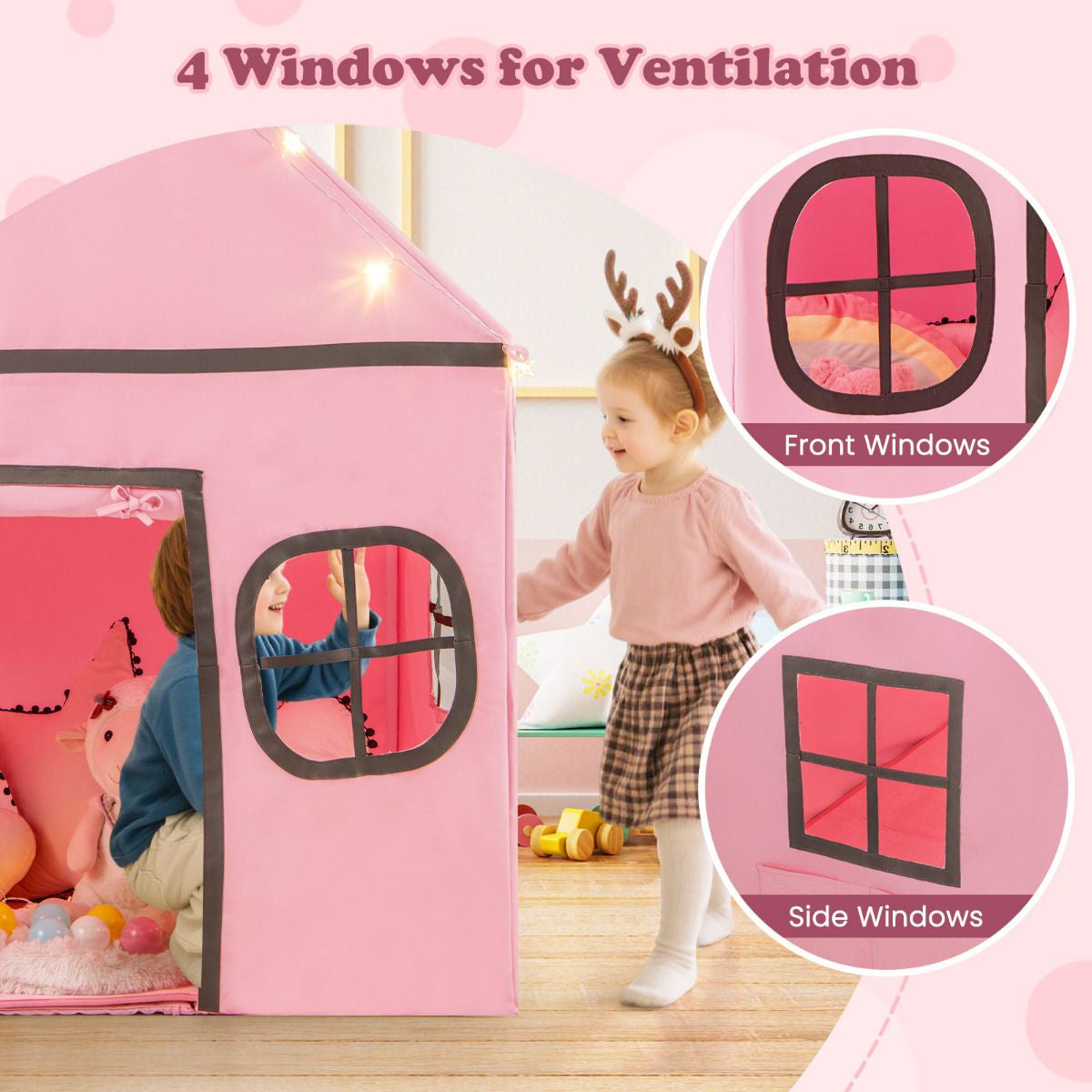 SEDOL Large Indoor Kids Playhouse with Plush Coral Velvet Mat and LED Star Lights Breathable Cotton-Blend Play Tent with Storage Pockets for Reading and Napping