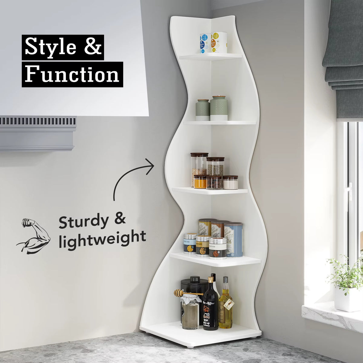 SEDOL Corner Shelf 5-Tier Modern Wall Bookshelf Stylish Tall Corner Storage Rack Small White Bookcase Plant Stand for Living Room Bedroom Office Space Saving