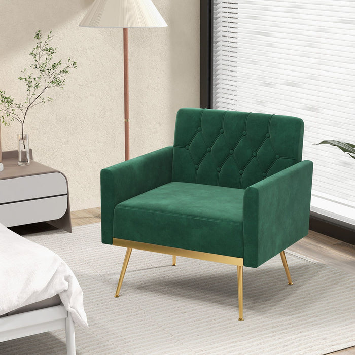 Modern Velvet Accent Chair with Button Tufted Back and Golden Metal Legs