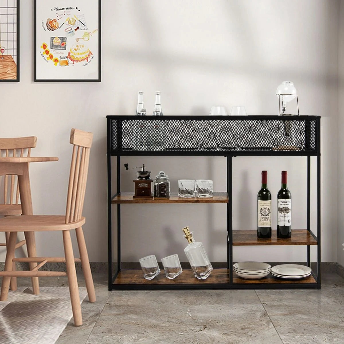 4-Tier Console Table with Wire Basket and Storage Shelves