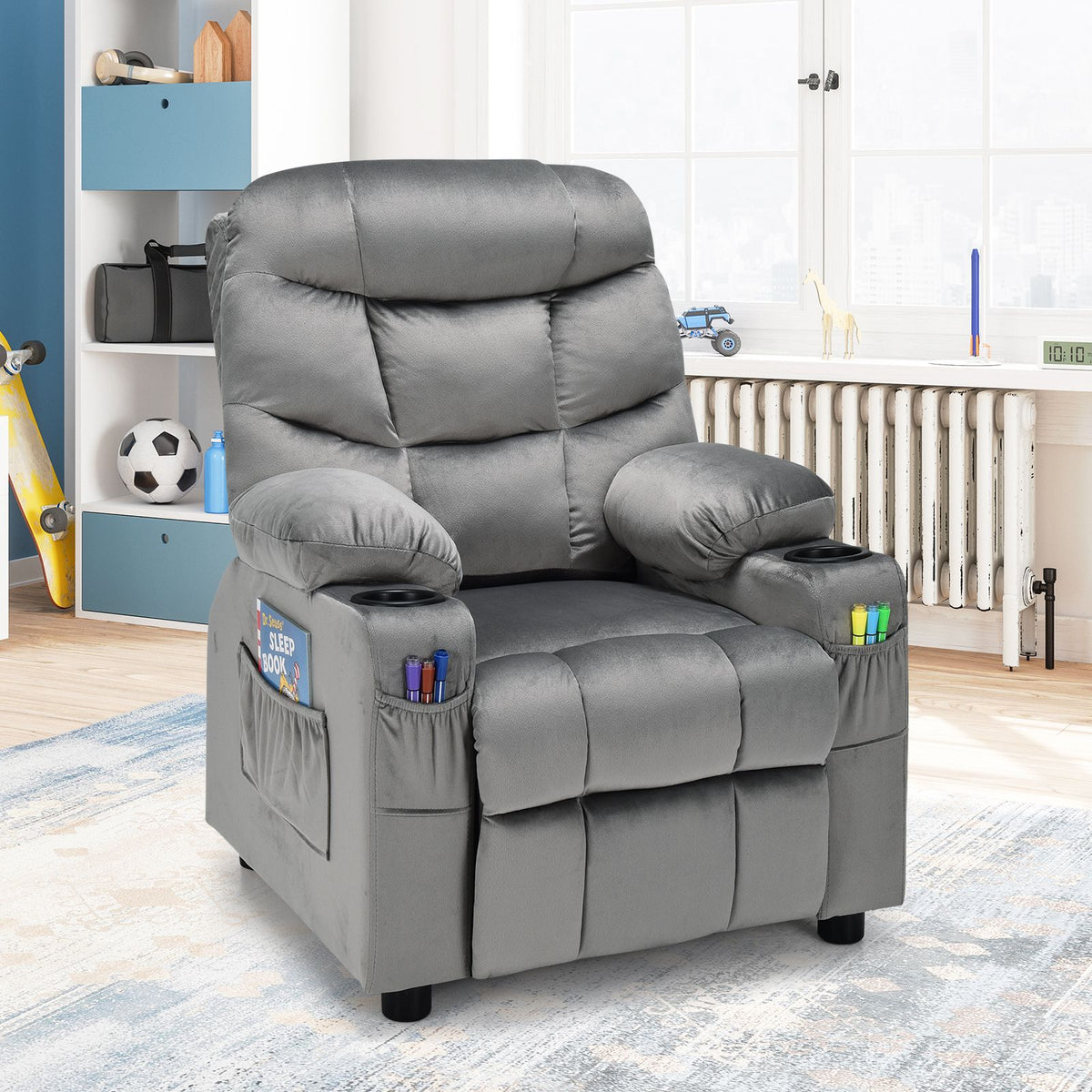 SEDOL Deluxe Larger Kids Recliner Armchair with Dual Cup Holders and Storage Pockets Premium Velvet Children’s Lounge Chair with 130° Adjustable Backrest & Pine Wood Frame