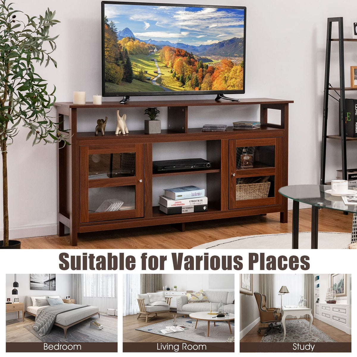 Living Room Console Table for Tvs with Wooden Fireplace and 2 Cabinets