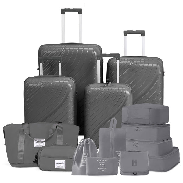 4-Piece Luggage Set with Handbags & Toiletry Kit – Durable Hard Shell Suitcases 18"/20"/24"/28" with Spinner Wheels, Travel Tote & Wash Bag – Dark Grey