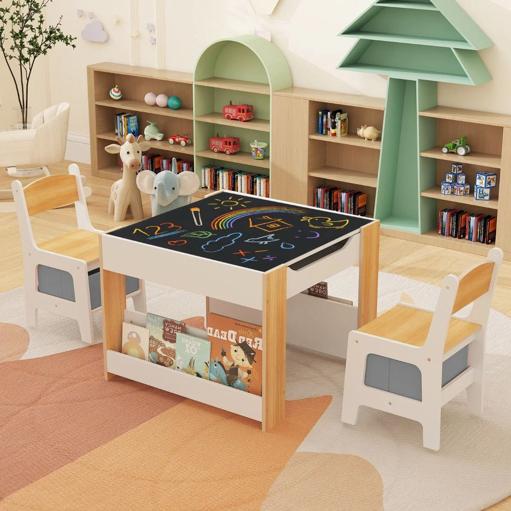 4 in 1 Kids Table and Chairs Set with Reversible Tabletop and Bookshelves