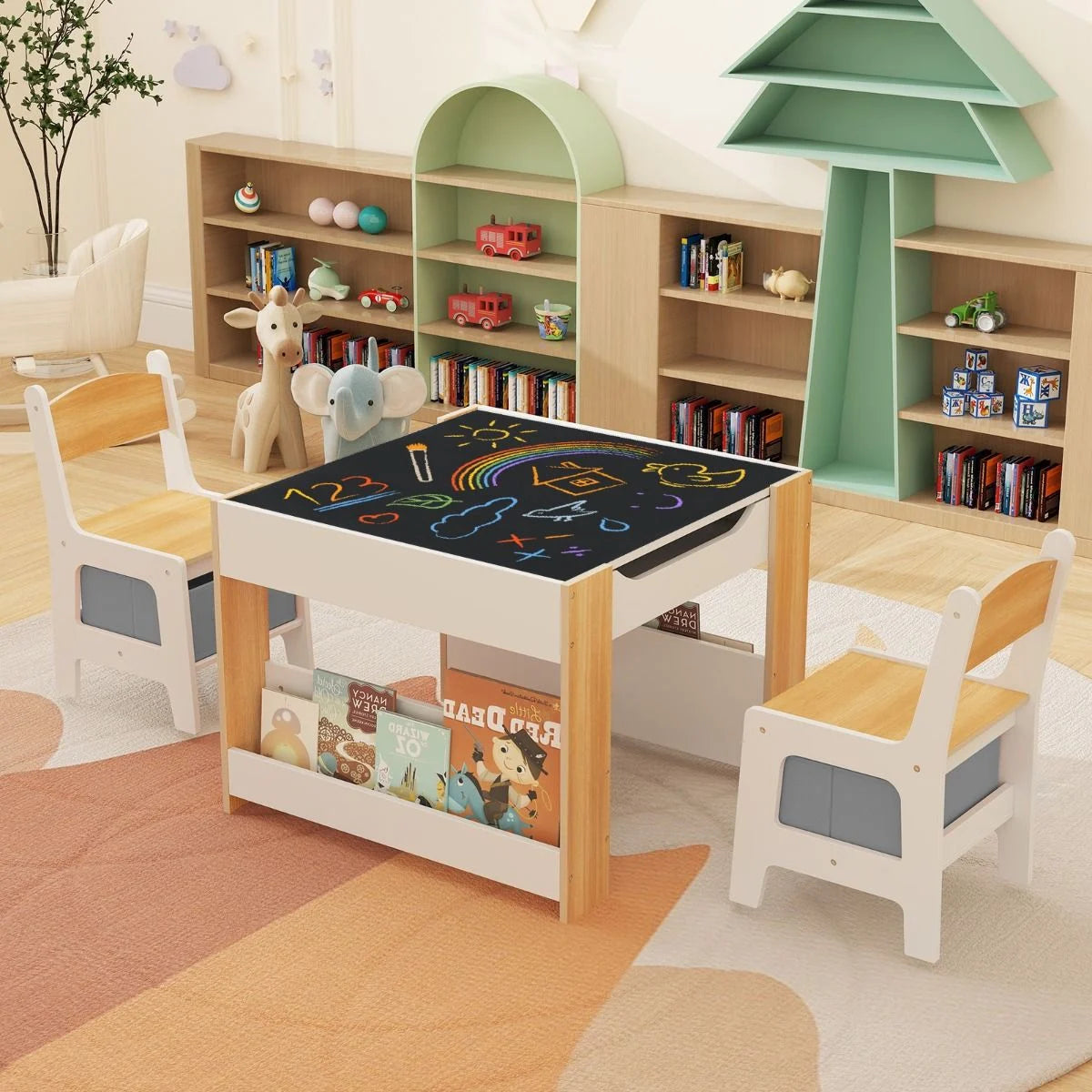 4 in 1 Kids Table and Chairs Set with Reversible Tabletop and Bookshelves