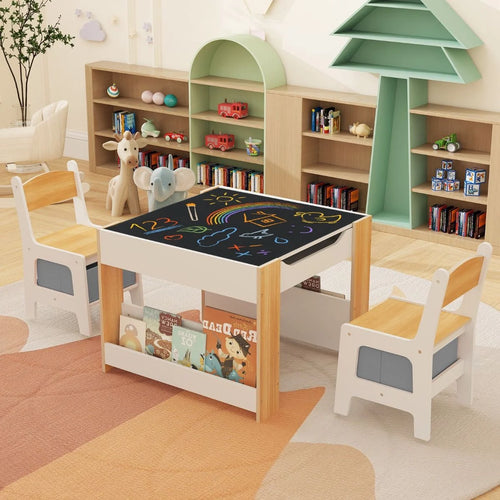4 in 1 Kids Table and Chairs Set with Reversible Tabletop and Bookshelves